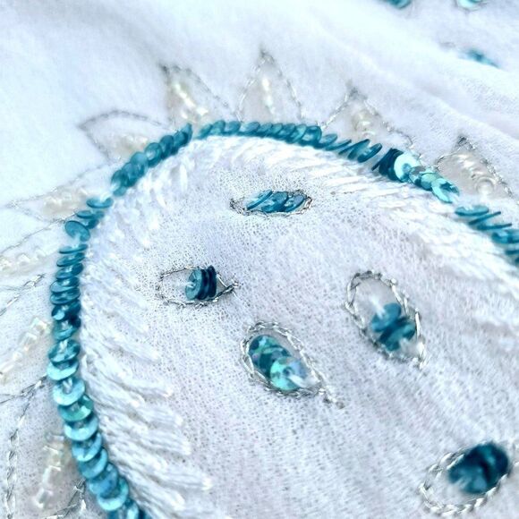 Beaded Sequin White Top S  Sleeveless Blue Turquoise 90s India Sirenscape - Picture 10 of 11